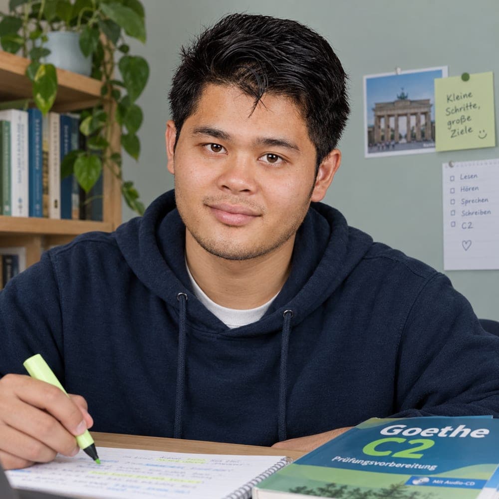 Muhammad Yasir at a desk with a Goethe C2 prep book and a highlighter